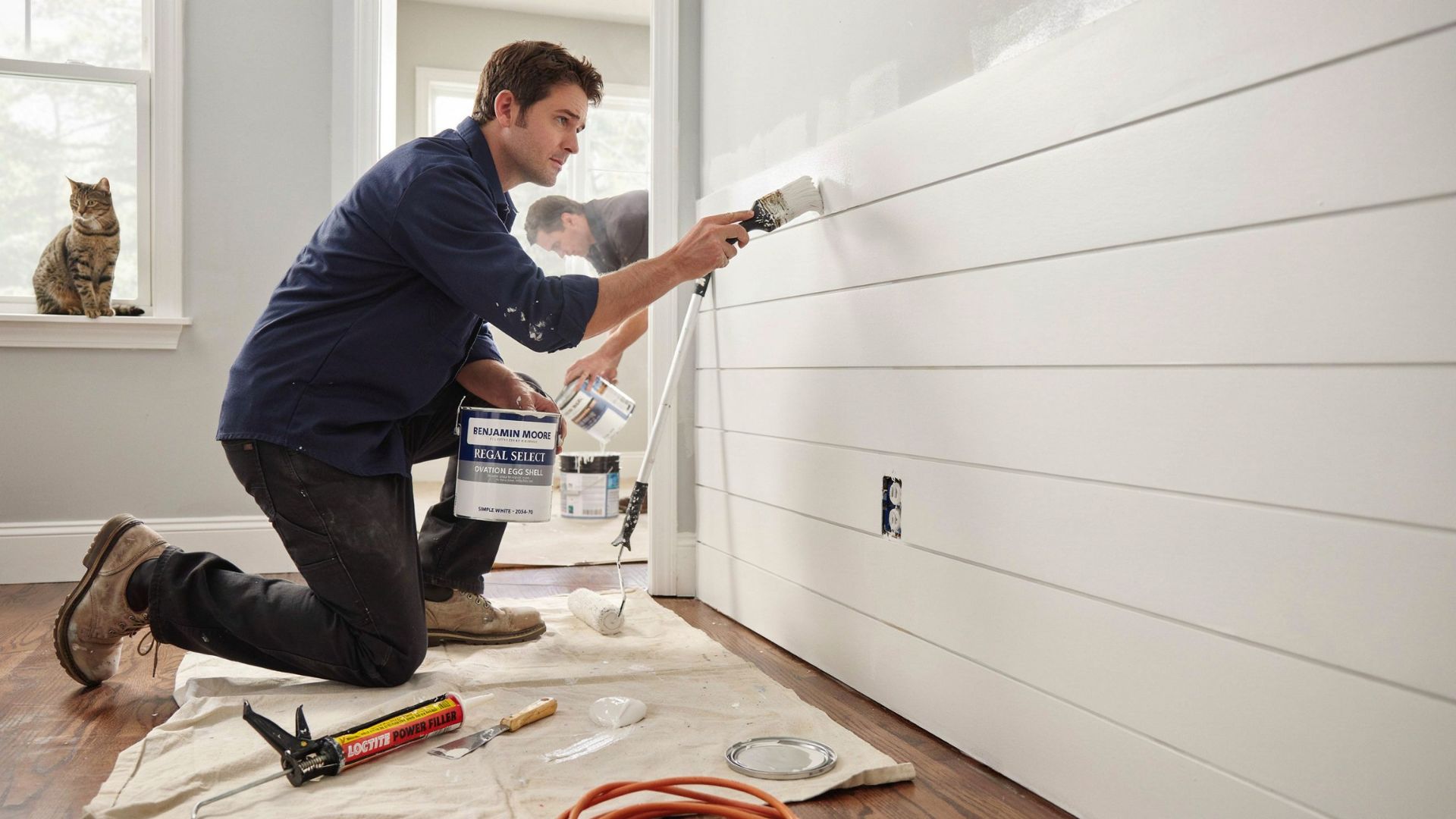 Painting and finishing a newly installed shiplap accent wall.