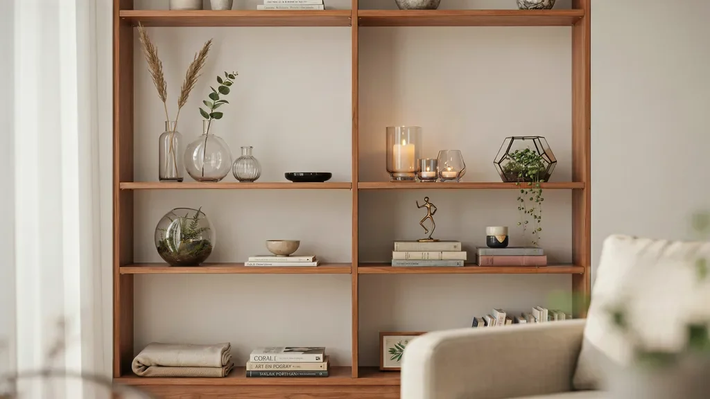Bookshelf decorated with glass accessories and books for an classy look.