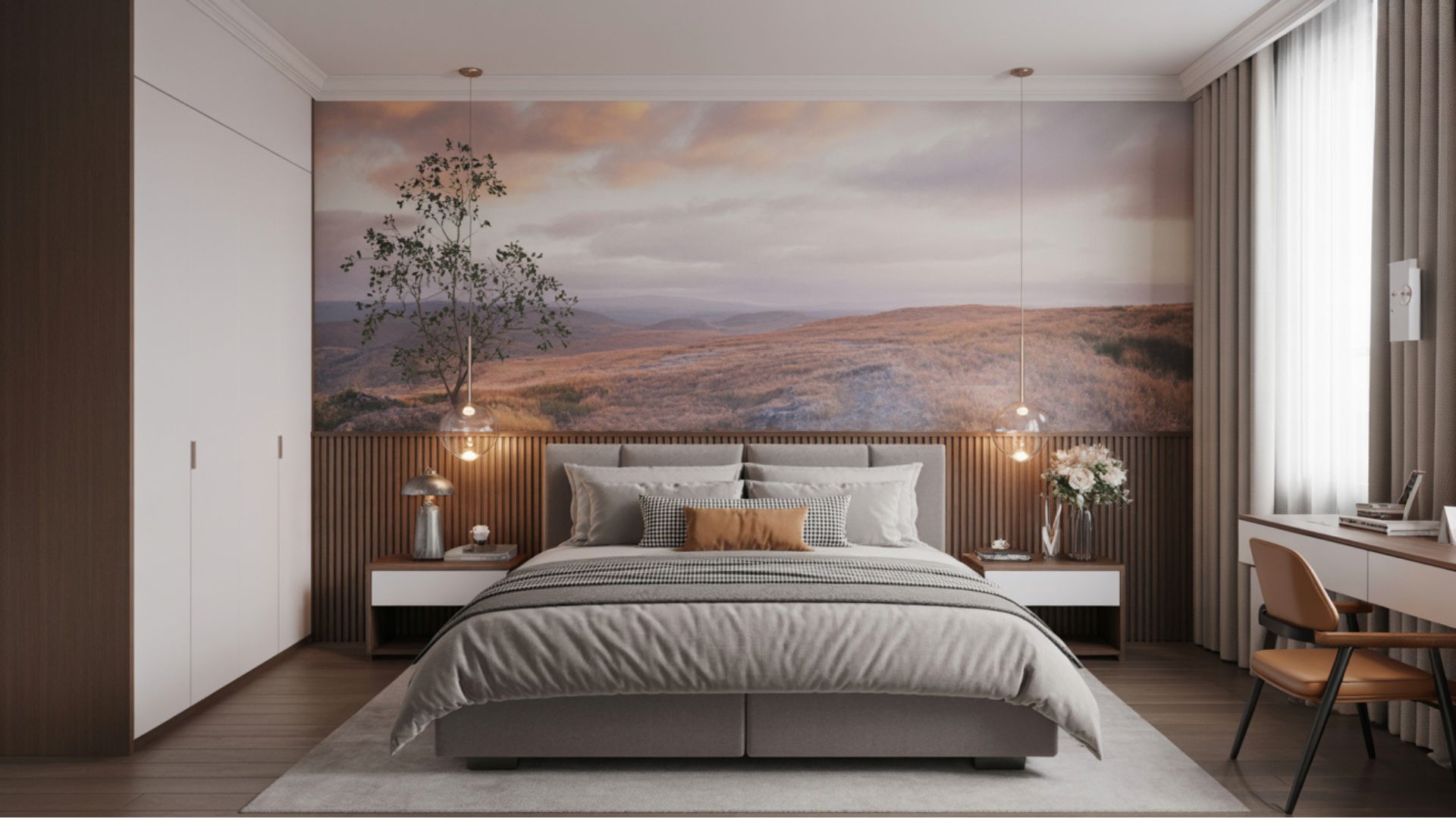 Bedroom with a large mural accent wall behind the headboard.