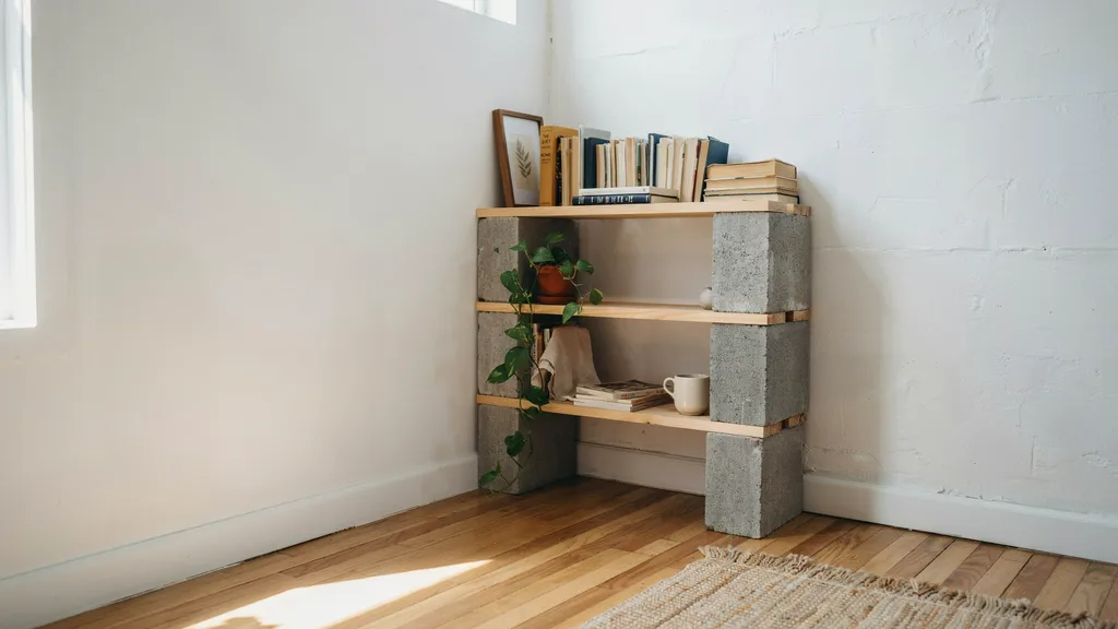Corner cinder block bookshelf in small apartment