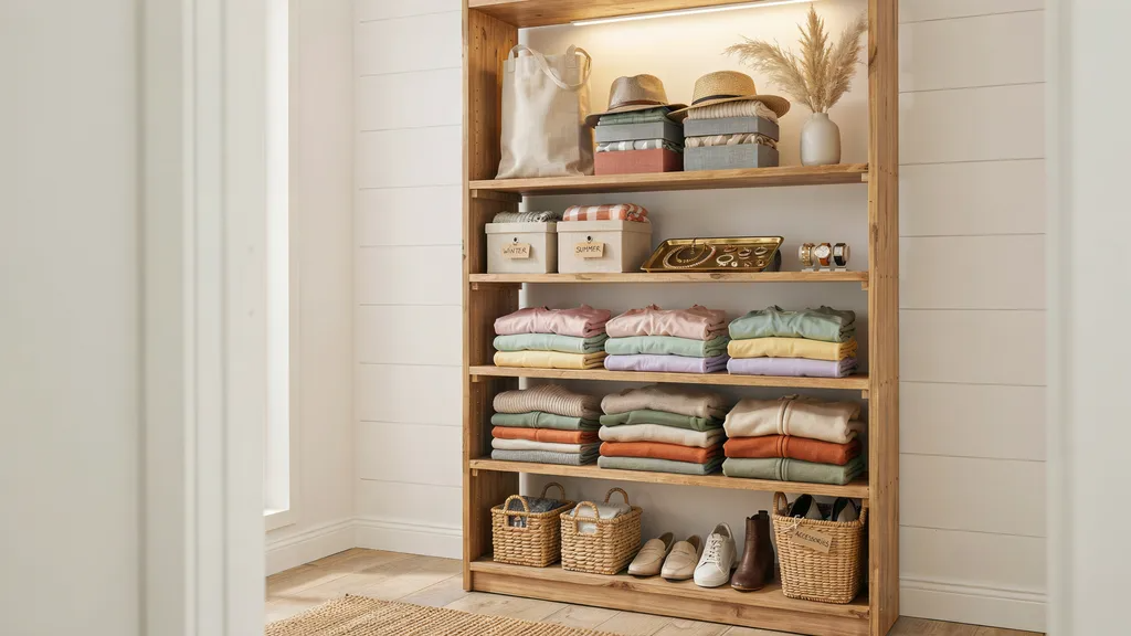 Bookshelf used as closet organizer for clothes and shoes.