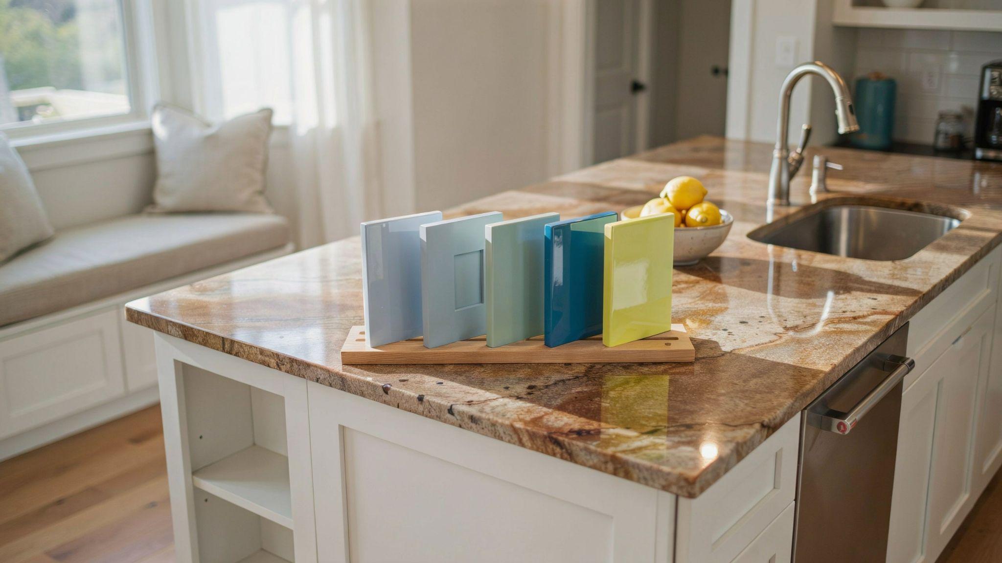 Brown granite countertops shown with mismatched cabinet colors in kitchen design comparison