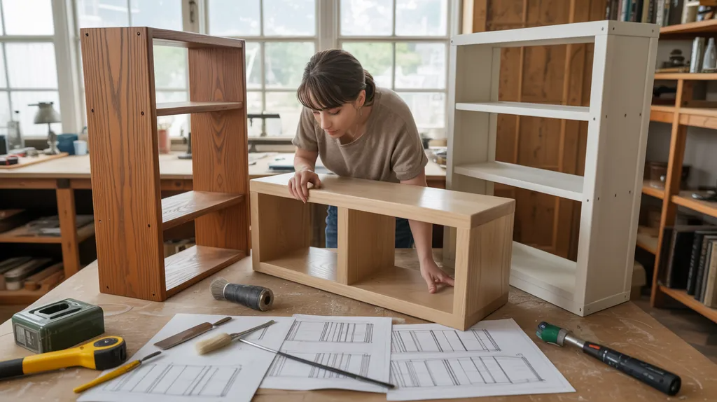 Homeowner choosing the best bookshelf repurposing project based on shelf size and material.