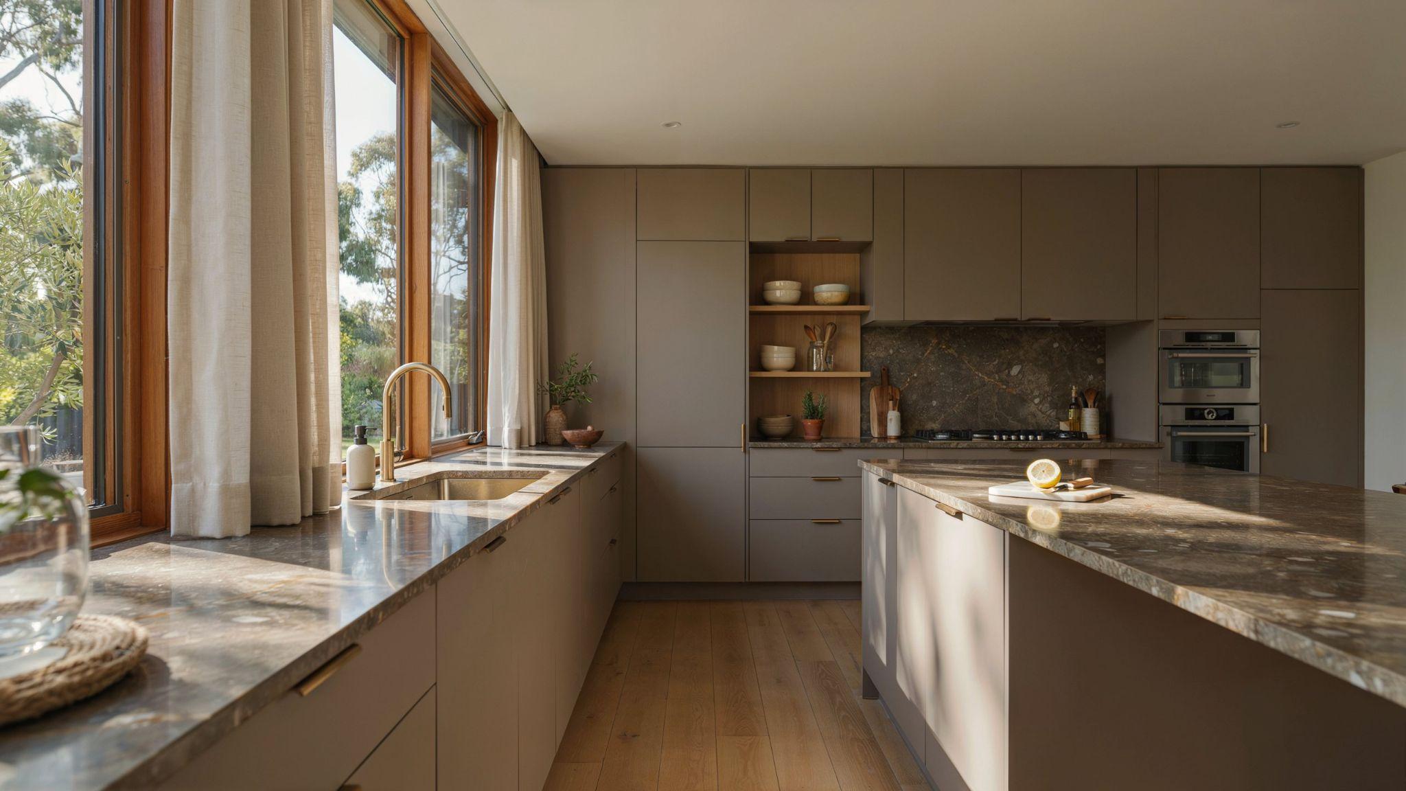 Warm gray cabinets complementing brown granite countertops with subtle gray undertones