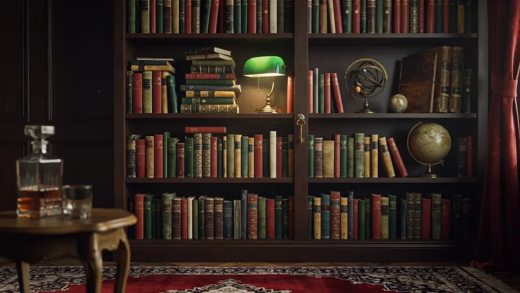 Bookshelf styled with vintage leather-bound books and antique decor.