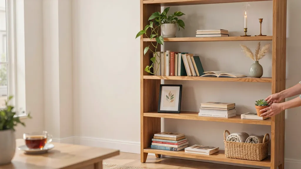Freshly updated bookshelf with rearranged books and decorative accents.