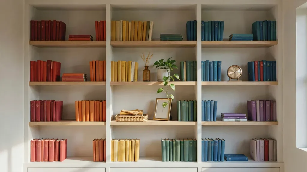 Color-coordinated bookshelf with books and decor arranged by color.