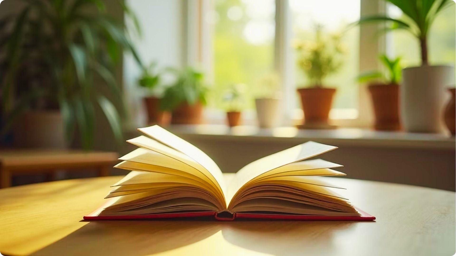 Open hardcover book with pages fanned out on a sunlit wooden table, with potted plants by a window in the background.