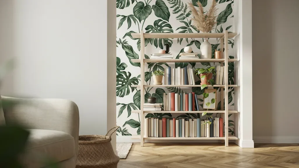 Bookshelf featuring decorative wallpaper behind books and accessories.