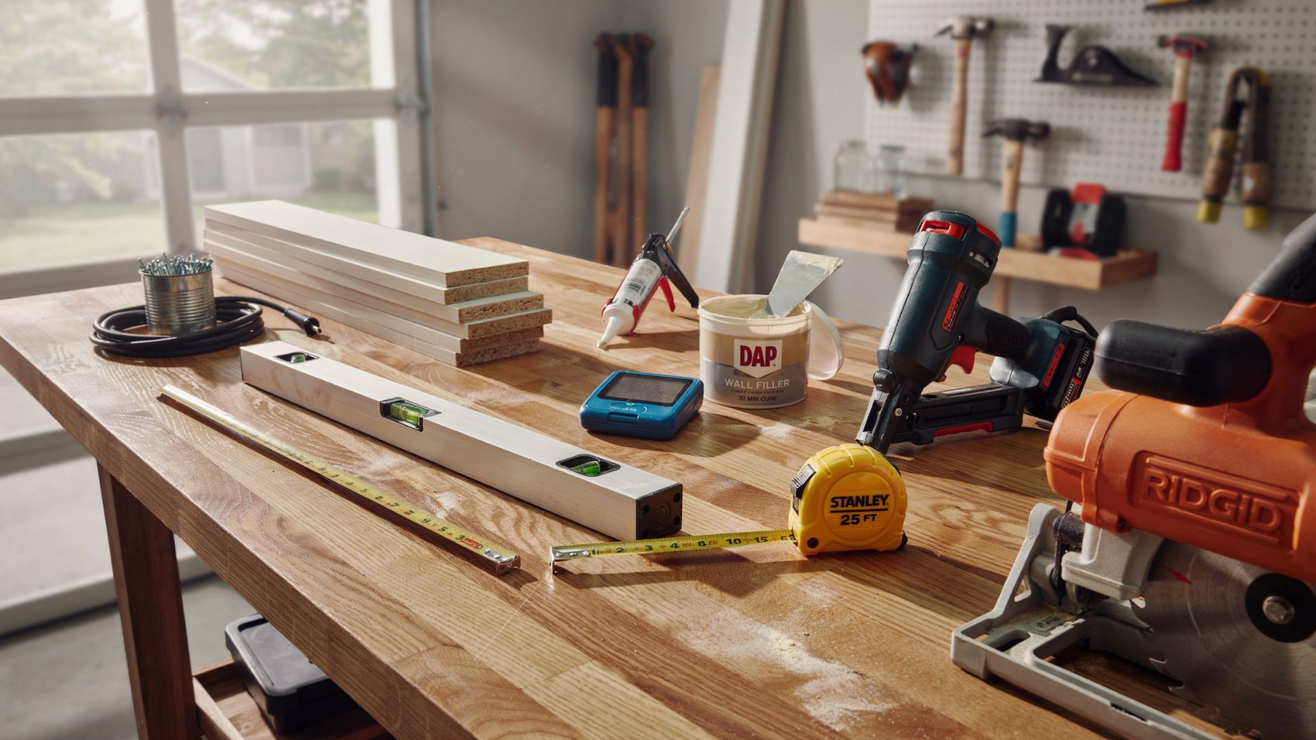 Tools and materials required for installing a shiplap accent wall.