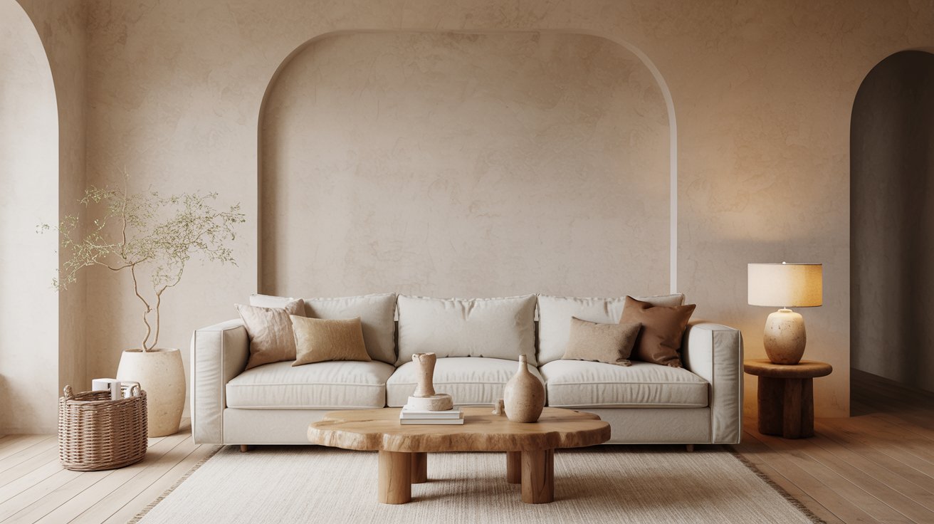 Earthy neutral textured wall creating calm warmth and timeless style