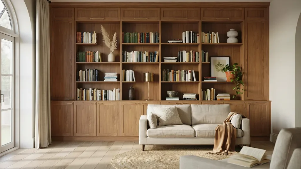 Custom built-in bookshelf wall with books and decorative accessories in a stylish living room.