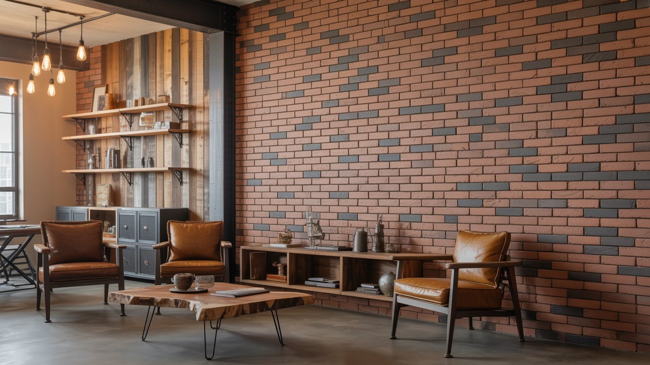 Faux brick painted wall bringing industrial character and texture to interior space