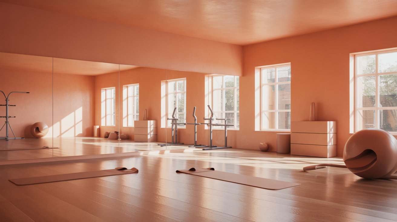 Soft peach pink gym walls adding warmth and balanced workout energy
