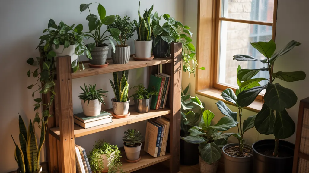 Bookshelf used as plant display stand with indoor plants.