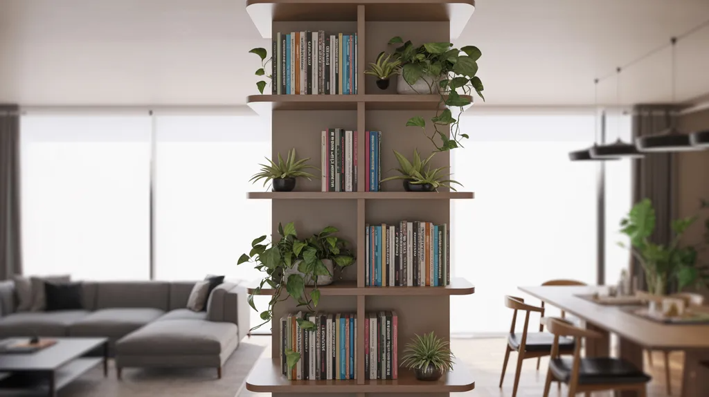 Bookshelf used as room divider in open living space.