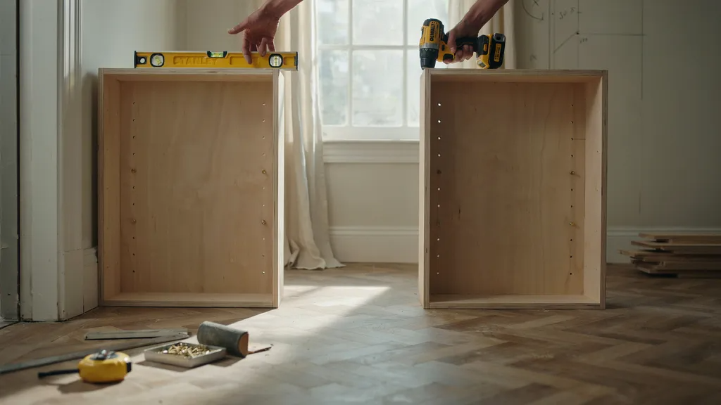 Installing side bookshelves around a window using a level tool.