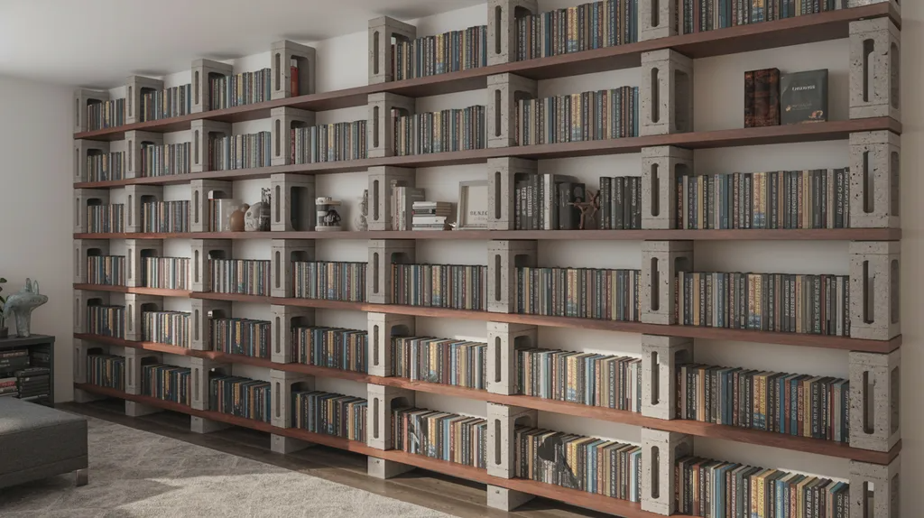 Heavy-duty cinder block bookshelf supporting a large collection of books on wooden shelves.
