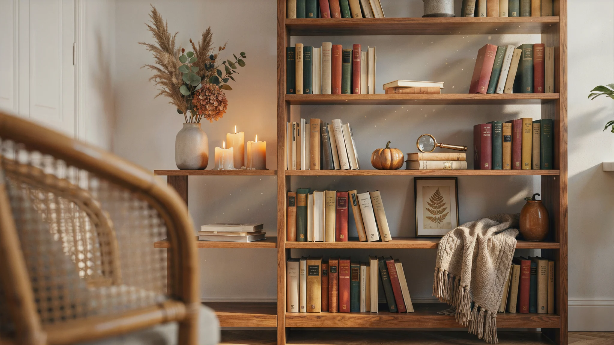 Seasonal bookshelf decor with books, candles, and decorative accents.