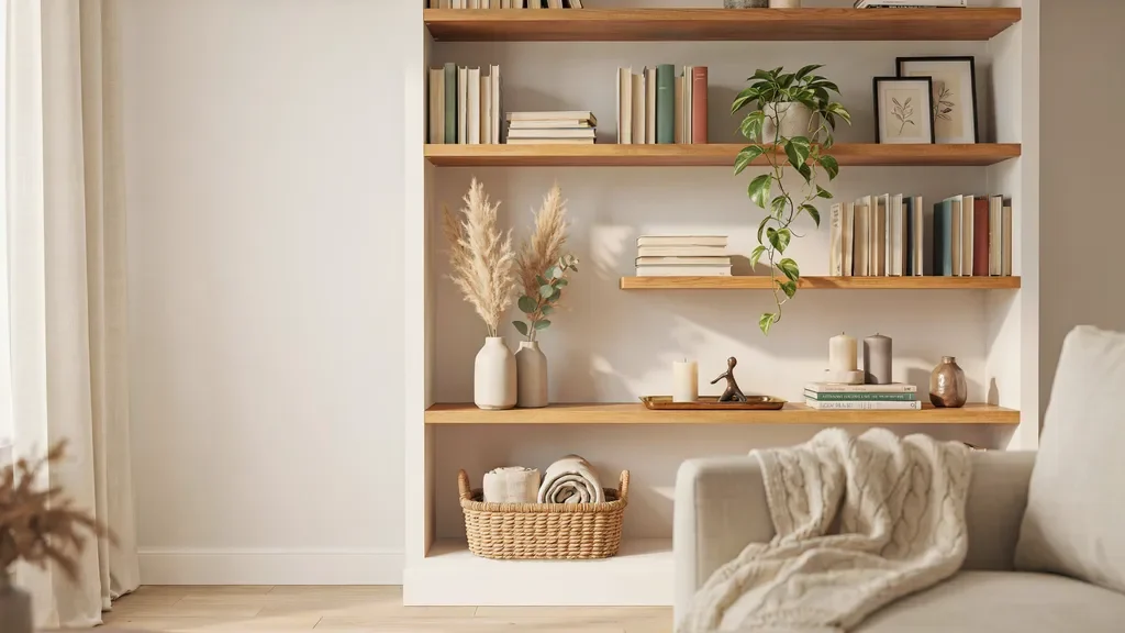 Aesthetic bookshelf display with books, plants, framed art, woven baskets, and decorative accents arranged in a cozy, well-balanced living room.