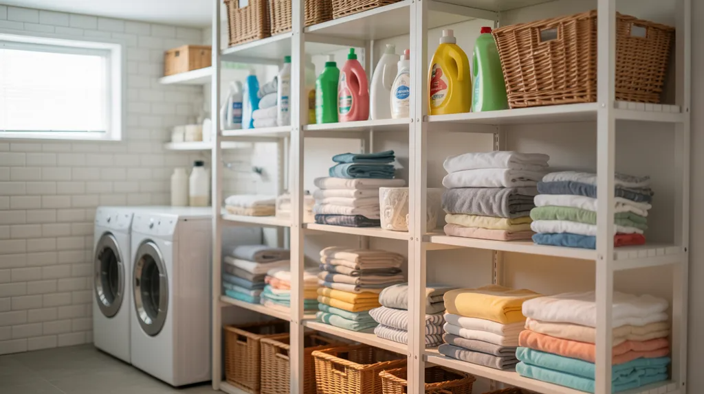 Bookshelf used as laundry room storage organizer.