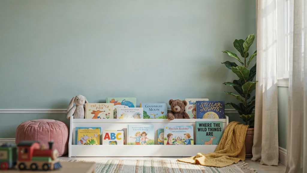 Kids bookshelf in nursery with front-facing books.