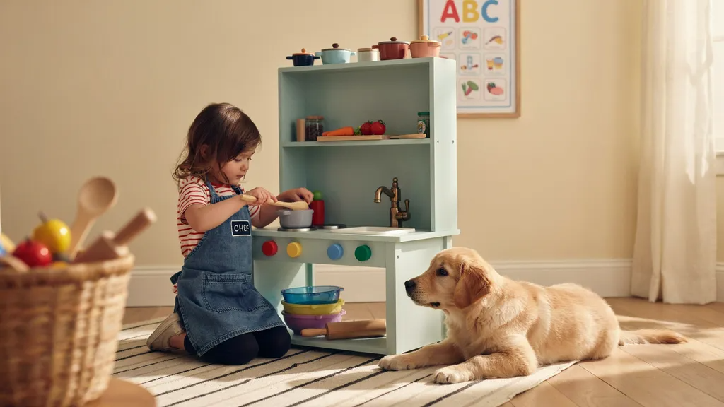 Bookshelf converted into kids play kitchen setup.