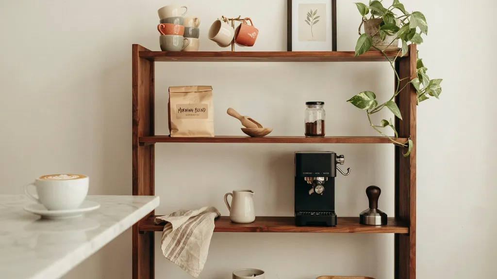 Bookshelf turned into a coffee bar with a machine and mugs.