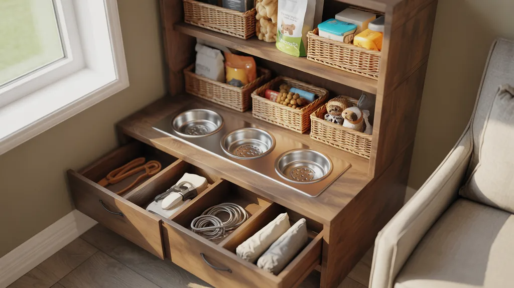 Bookshelf turned into pet feeding station with bowls.