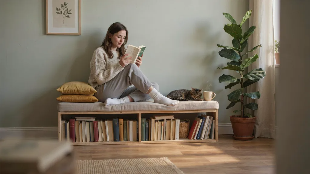 Bookshelf turned into reading bench with cushion and book storage below.