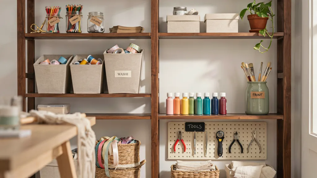 Bookshelf used as craft storage with art supplies.